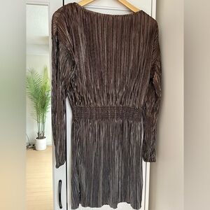 Astr Metallic Pleated Long Sleeve Dress